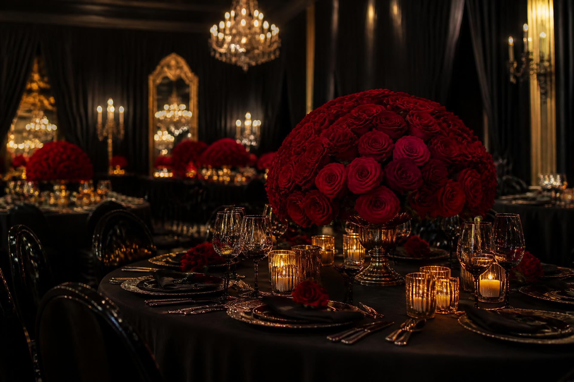 Luxury event table styled in black, gold and deep red